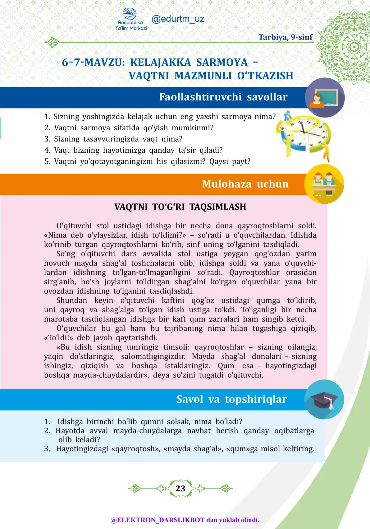 Kelajakka sarmoya-vaqtni mazmunli o'tkazish