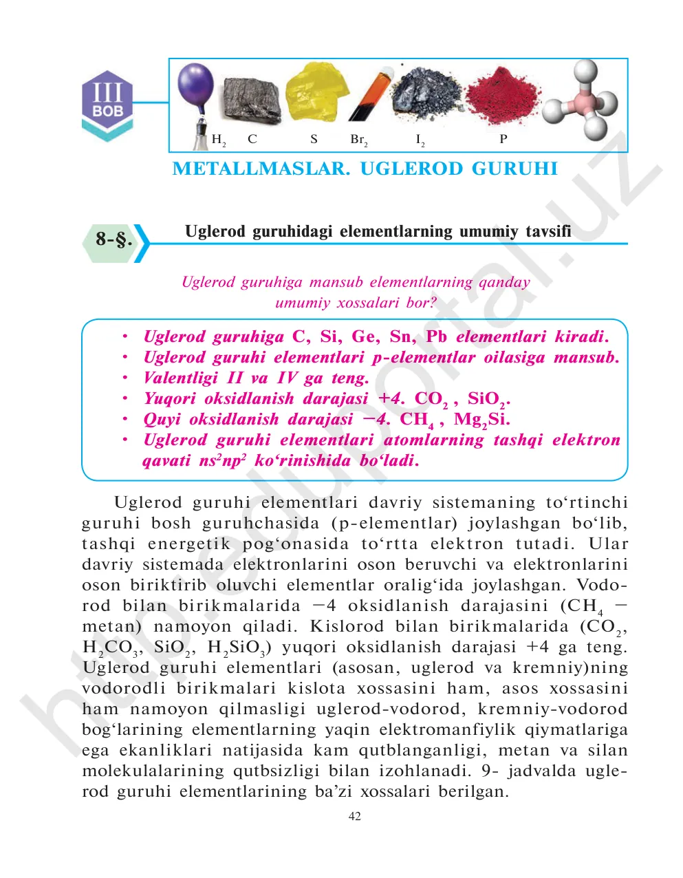 Uglerod guruhidagi elementlarning umumiy tavsifi