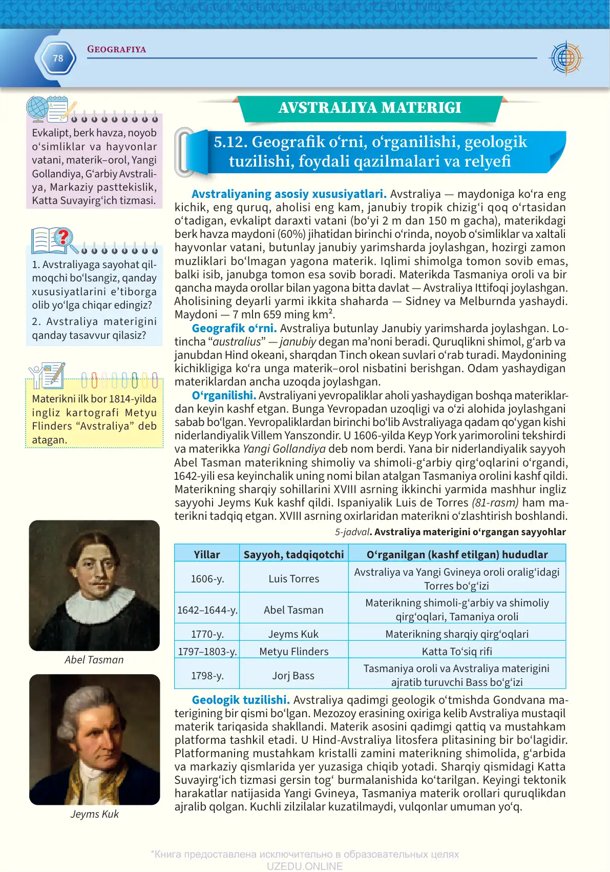 Avstraliyaning geografik o‘rni, o‘rganilishi, geologik tuzilishi va relyefi