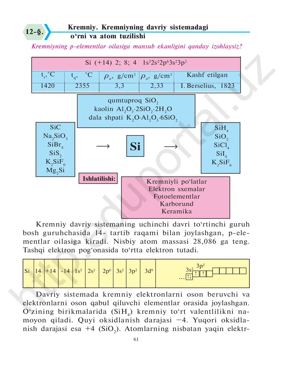 Kremniy. Kremniyning davriy sistemadagi o‘rni va atom tuzilishi