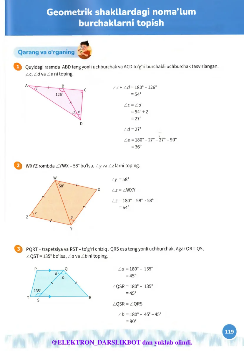 Geometrik shakllardagi noma’lum burchaklarni topish
