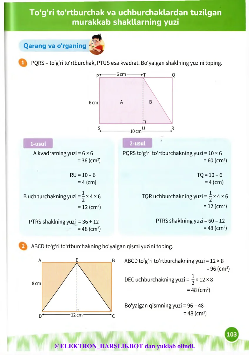To‘g‘ri to‘rtburchak va uchburchaklardan tuzilgan murakkab shakllarning yuzi