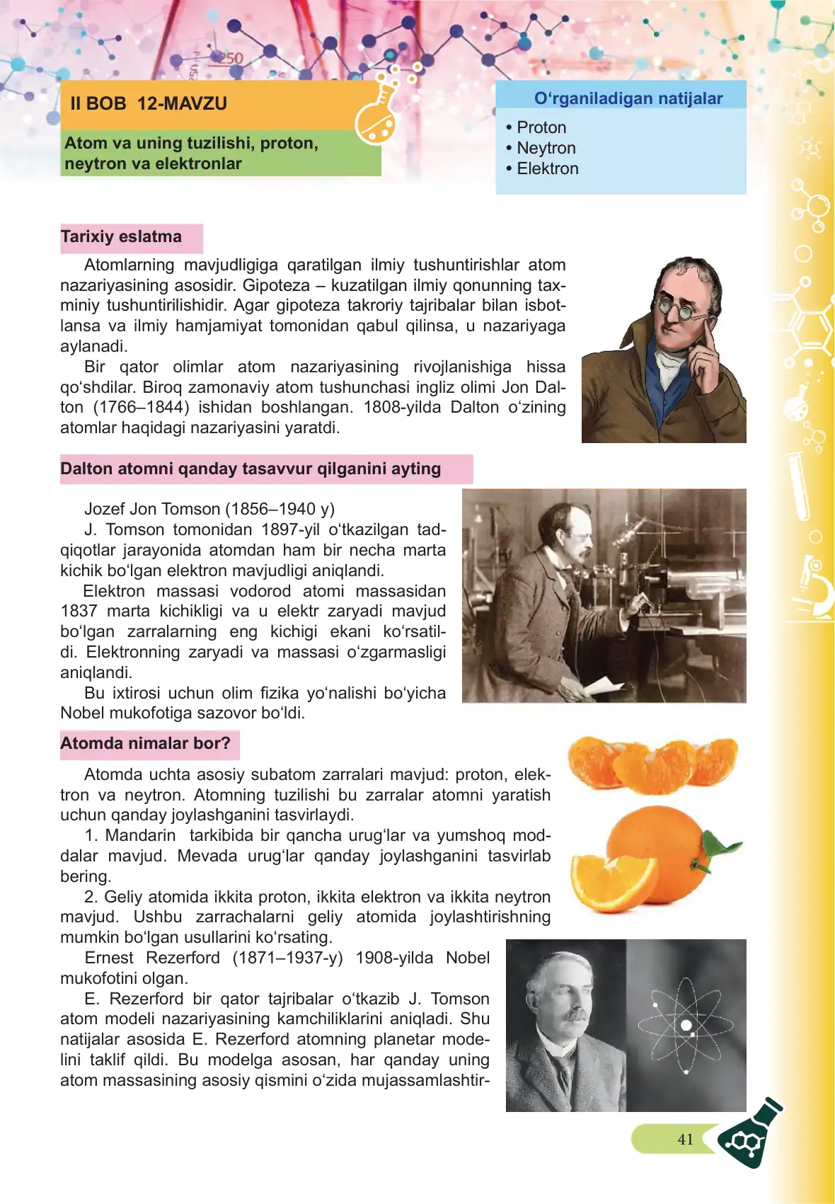 Atom va uning tuzilishi, proton, neytron va elektronlar