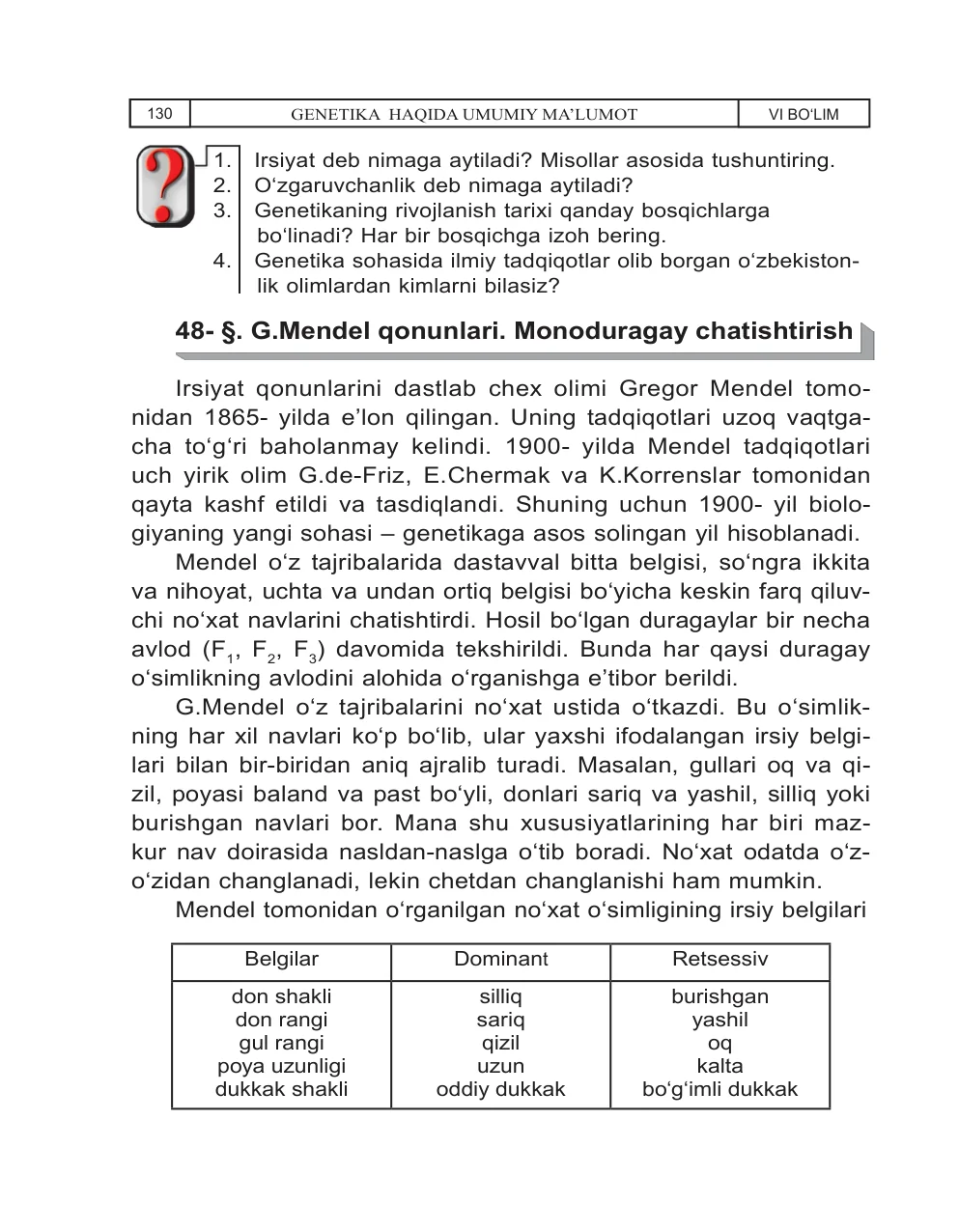 Mendel qonunlari. Monoduragay chatishtirish