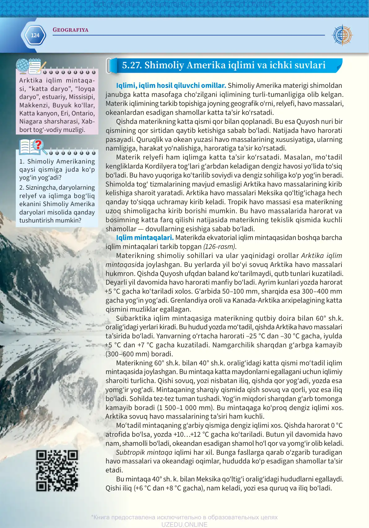 Shimoliy Amerika iqlimi va ichki suvlari