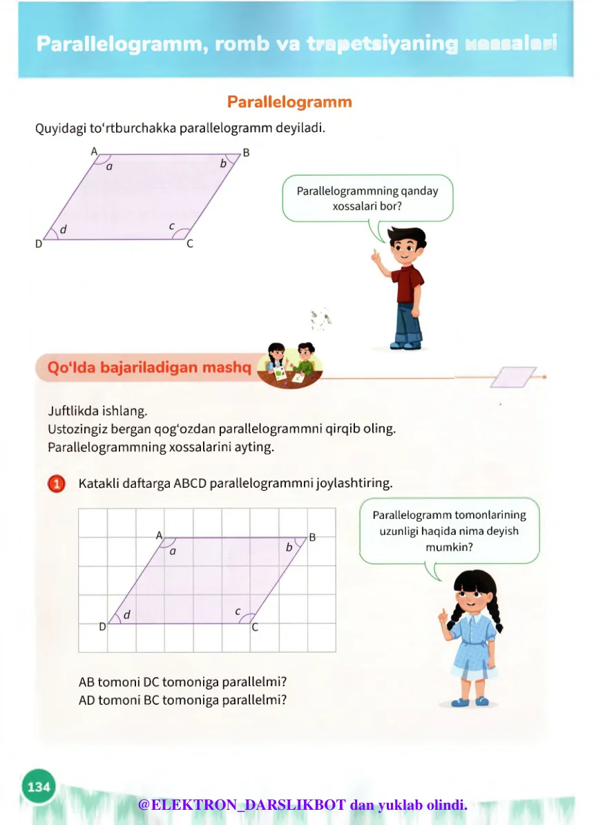 Parallelogramm, romb va trapetsiyaning xossalari