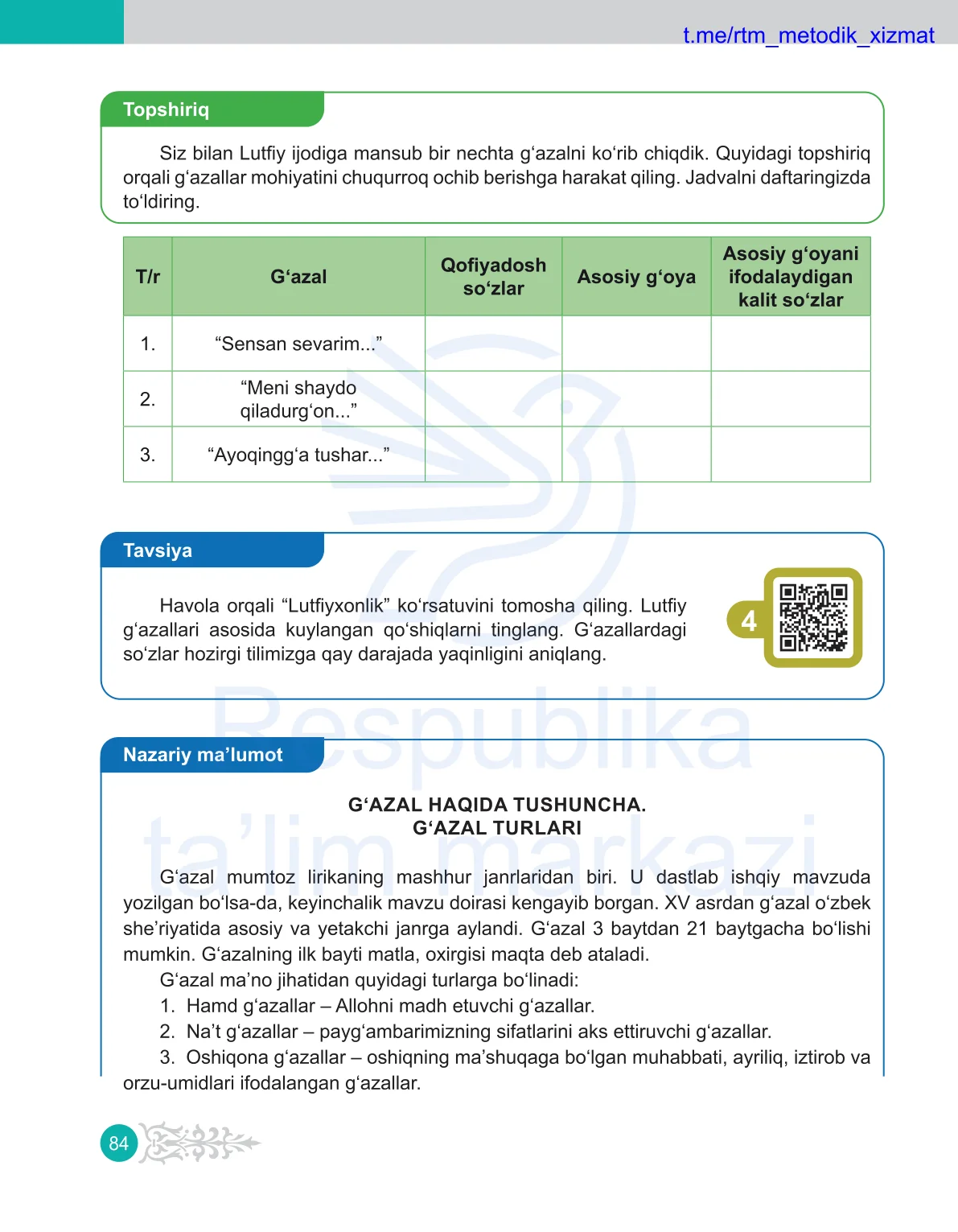 Nazariy malumot. Gazal haqida tushuncha. Gazal turlari