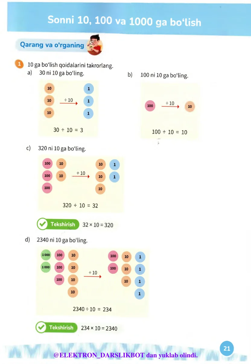 Sonni 10, 100 va 1000 ga bo‘lish