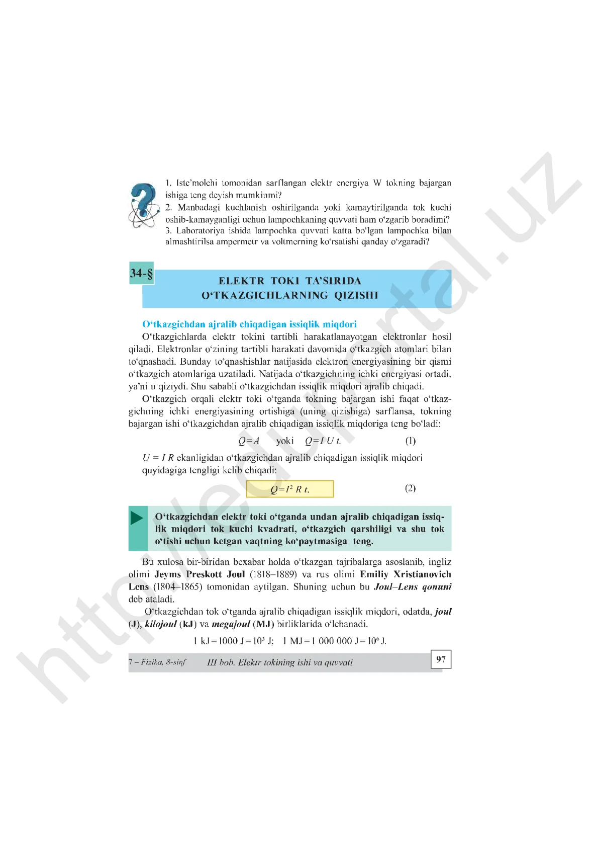 Elektr toki ta’sirida o‘tkazgichlarning qizishi