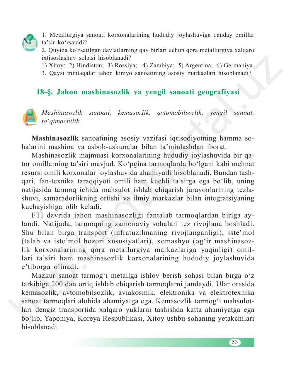 Jahon mashinasozlik va yengil sanoati geografiyasi