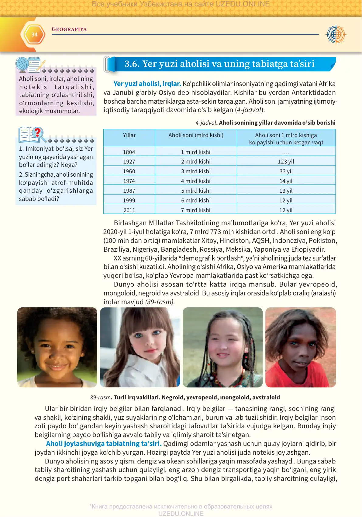 Yer yuzi aholisi va uning tabiatga ta’siri