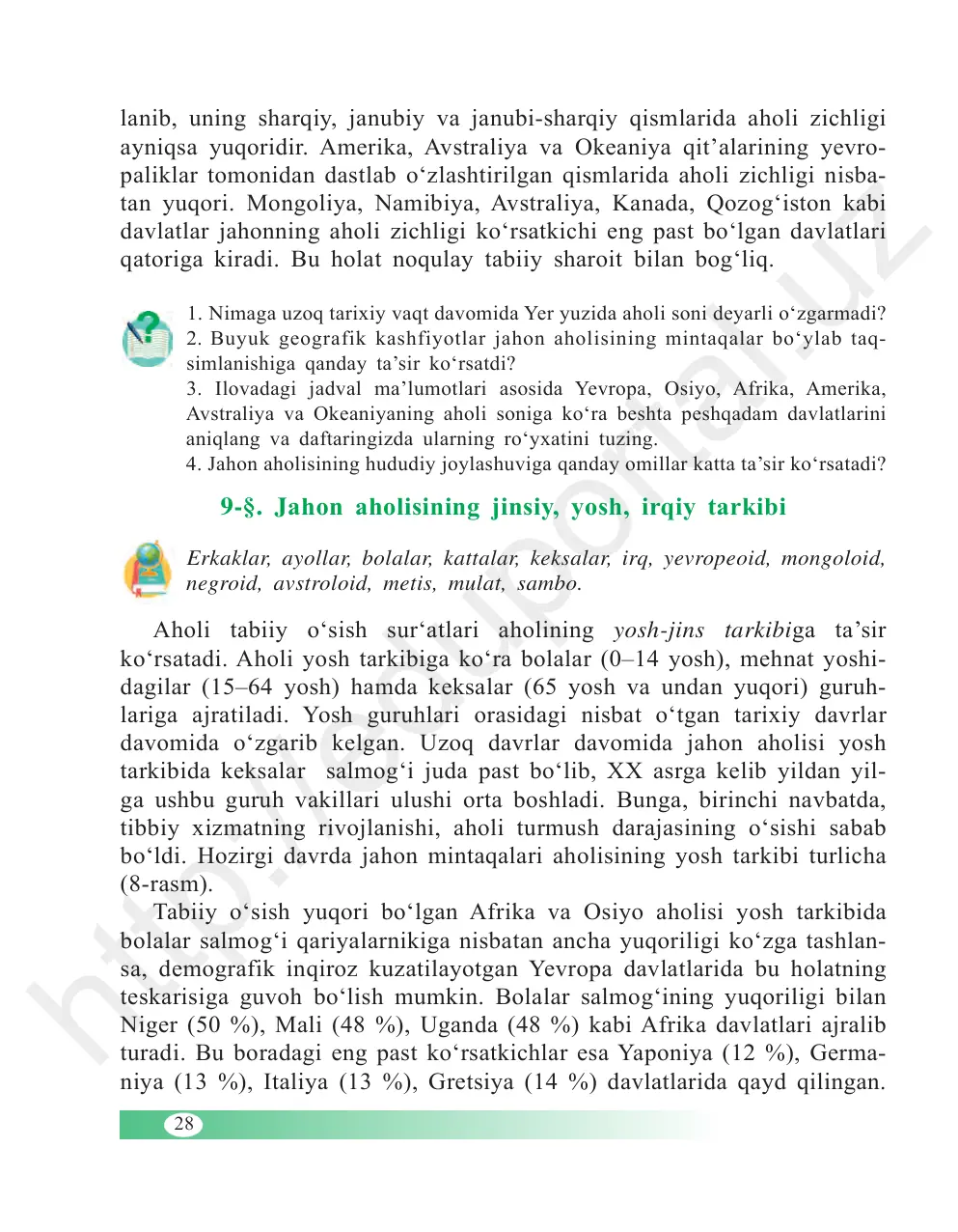 Jahon aholisining jinsiy, yosh, irqiy tarkibi