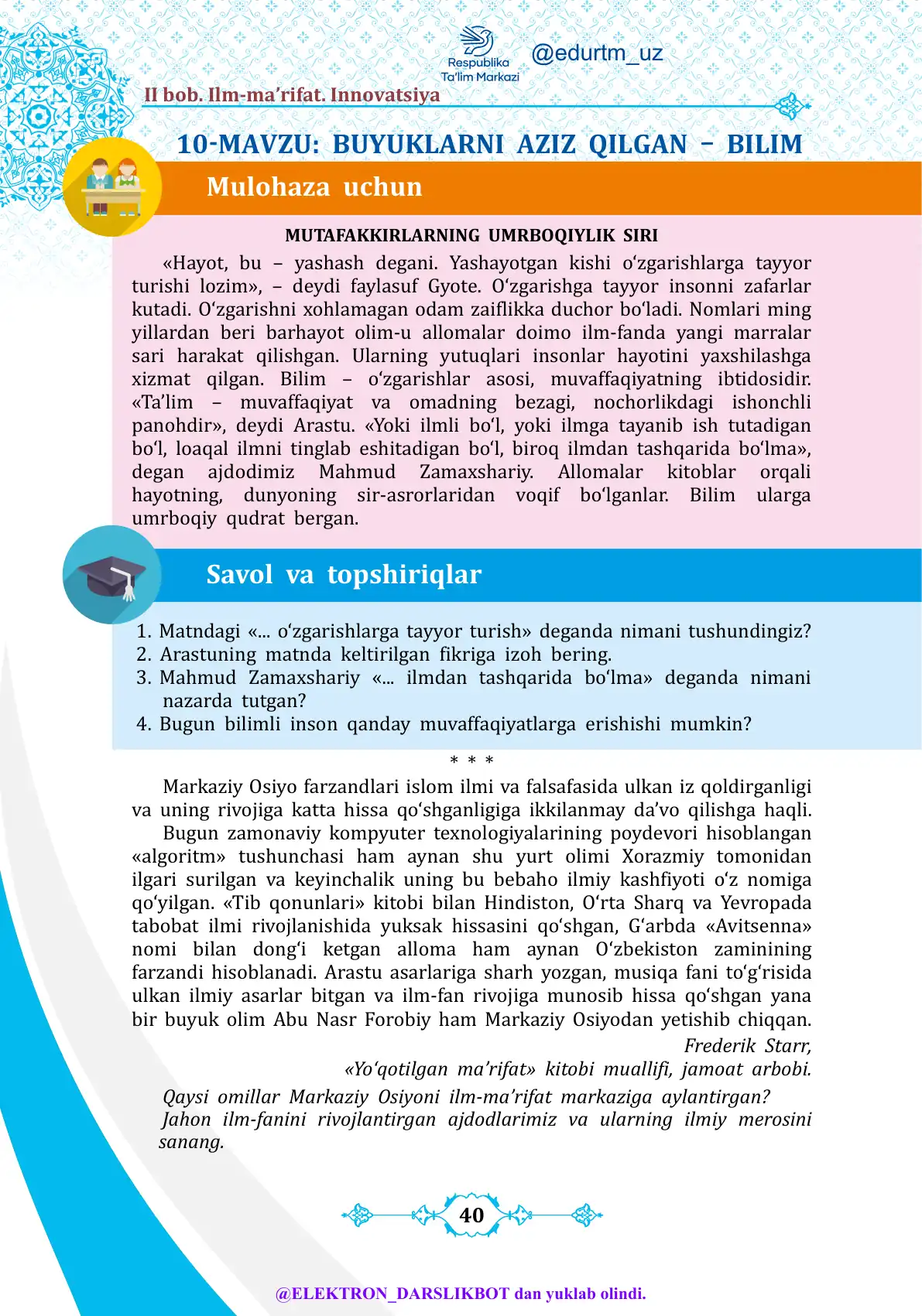 Buyuklarni aziz qilgan-bilim