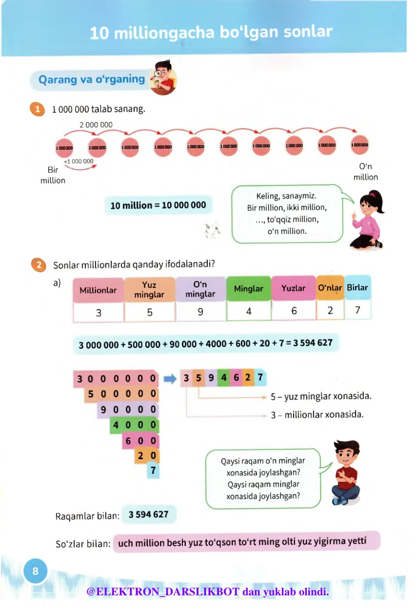 10 milliongacha bo‘lgan sonlar